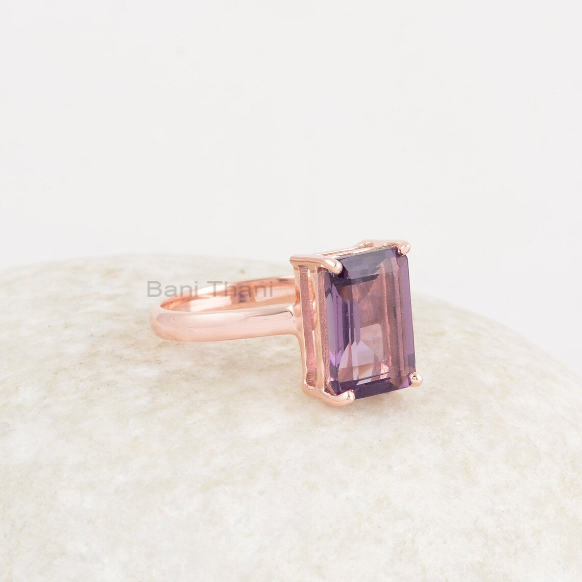 Amethyst Quartz Ring, Amethyst Quartz 8x12mm Rectangle Shape Gemstone, Rose Gold Plated Prong Set Ring, 925 Sterling Silver Ring For Gift