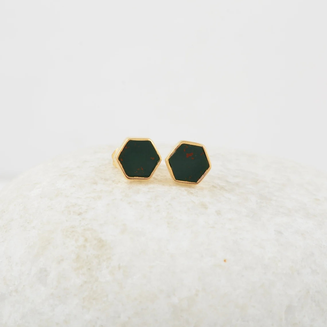 Bloodstone Stud Earrings - Sterling Silver - Gemstone Studs - 6mm Hexagon - Matching Jewelry - Gift For Ladies - Jewelry For Graduate