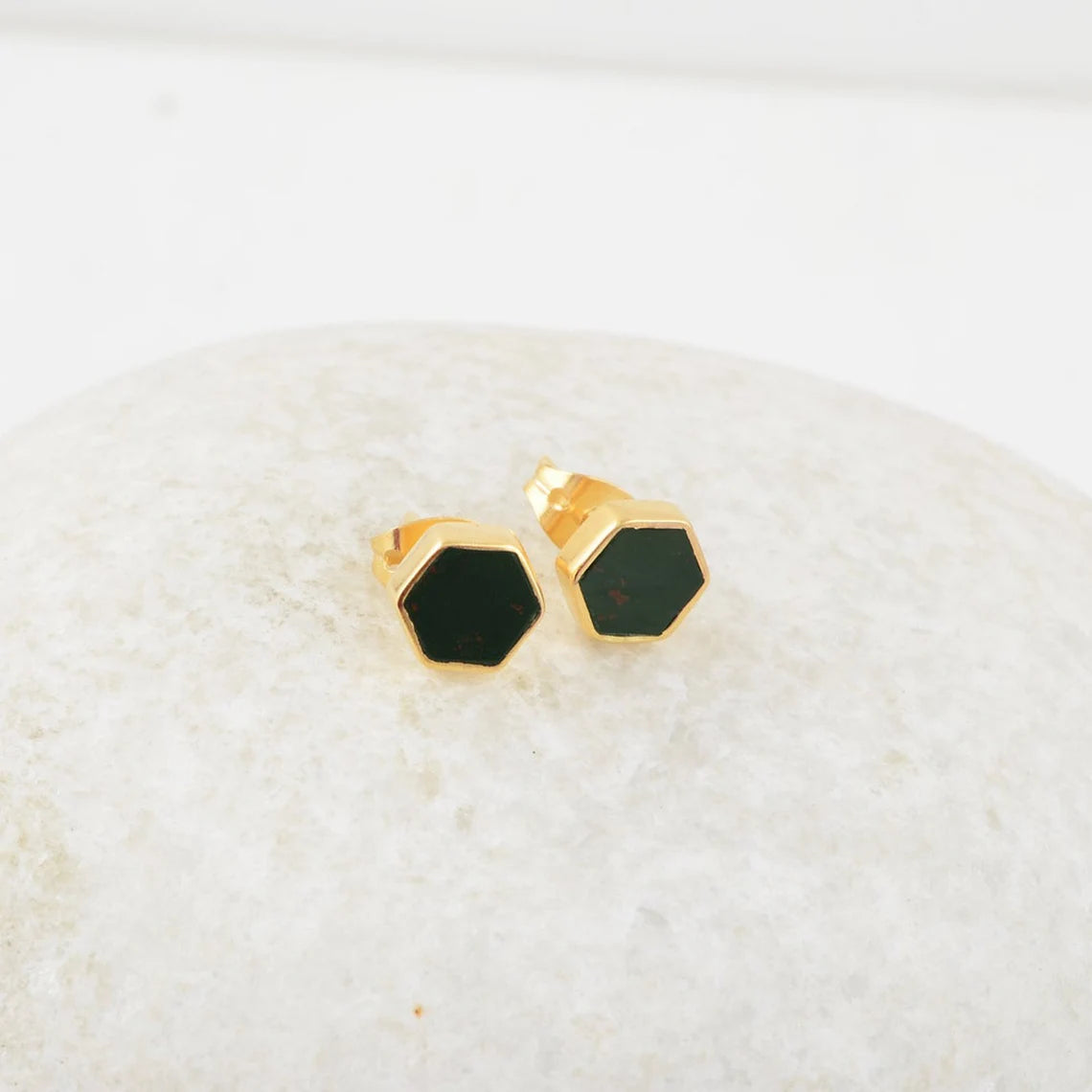 Bloodstone Stud Earrings - Sterling Silver - Gemstone Studs - 6mm Hexagon - Matching Jewelry - Gift For Ladies - Jewelry For Graduate