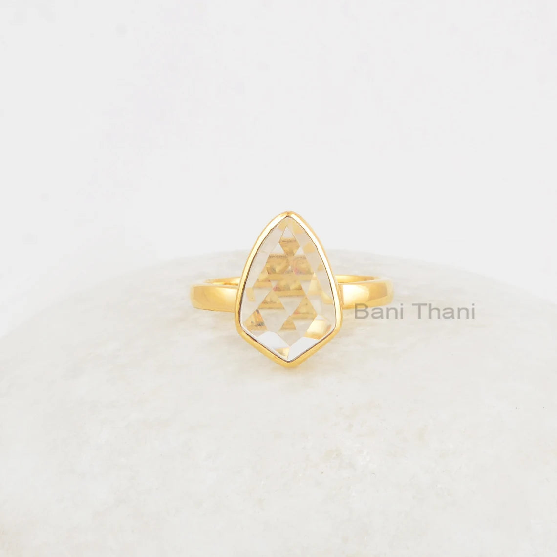 Crystal Quartz Ring, Crystal Quartz 9x14mm Faceted Kite Shape Gemstone Ring, 925 Sterling Silver Bezel Ring, Gold Plated Ring Gift For Her