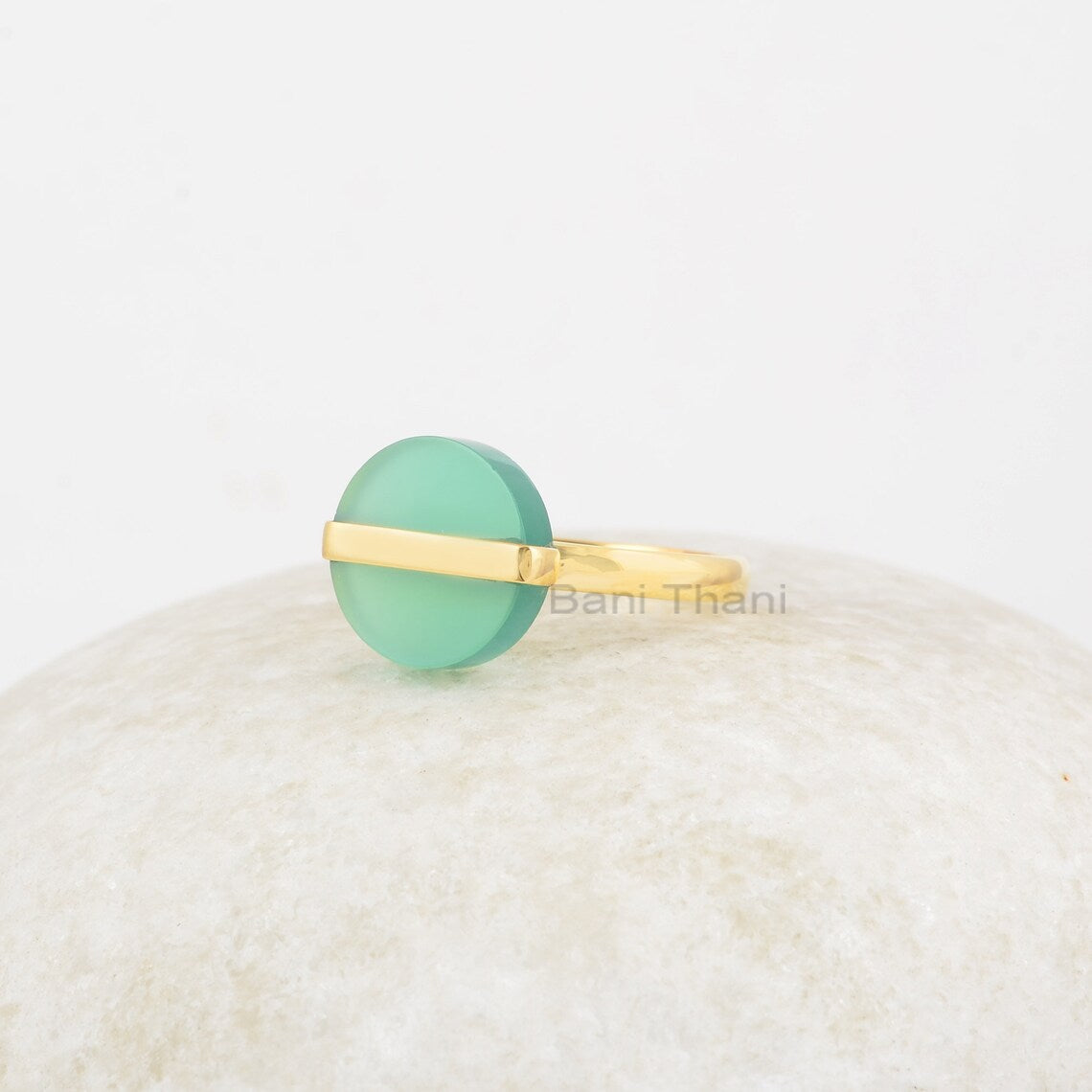 Aqua Chalcedony Ring - 12mm Flat Gemstone - 925 Sterling Silver - Gold Plated Ring - Modern Jewelry - Gift for Girls - Jewelry for The Bride