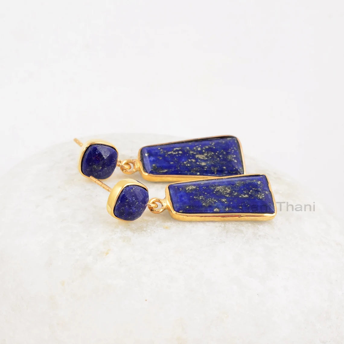 Lapis Lazuli Earrings, Lapis Lazuli Rectangle 10x20mm Cushion 7mm Gemstone, 925 Sterling Silver-Drop Earrings, 18k Gold Plated, Best for Her