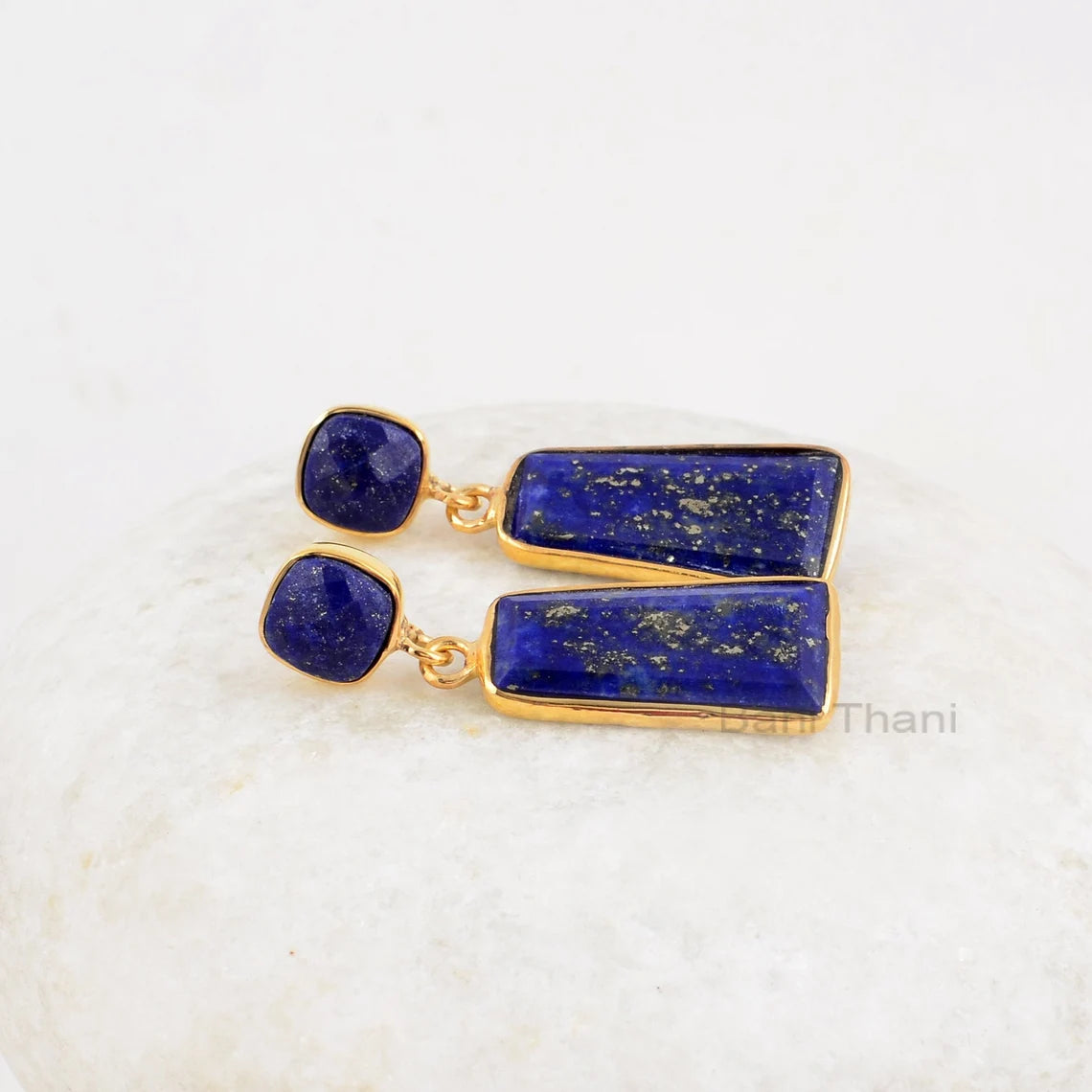 Lapis Lazuli Earrings, Lapis Lazuli Rectangle 10x20mm Cushion 7mm Gemstone, 925 Sterling Silver-Drop Earrings, 18k Gold Plated, Best for Her