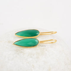 Beautiful Green Onyx Gemstone Earring, Long Pear 8x25mm Pear Shape Gemstone, Micron Gold Plated, 925 Sterling Silver Earring, Best for Gift