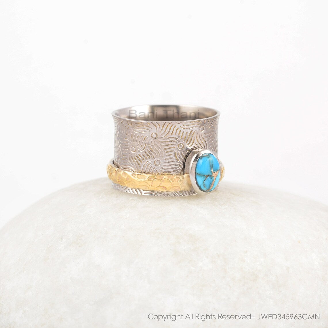 Boho Spinner Ring - Pure Silver - Anxiety Ring - 5x7mm Oval Copper Blue Turquoise - Fashion Jewelry - Gift For Old Women - Jewelry For Lady