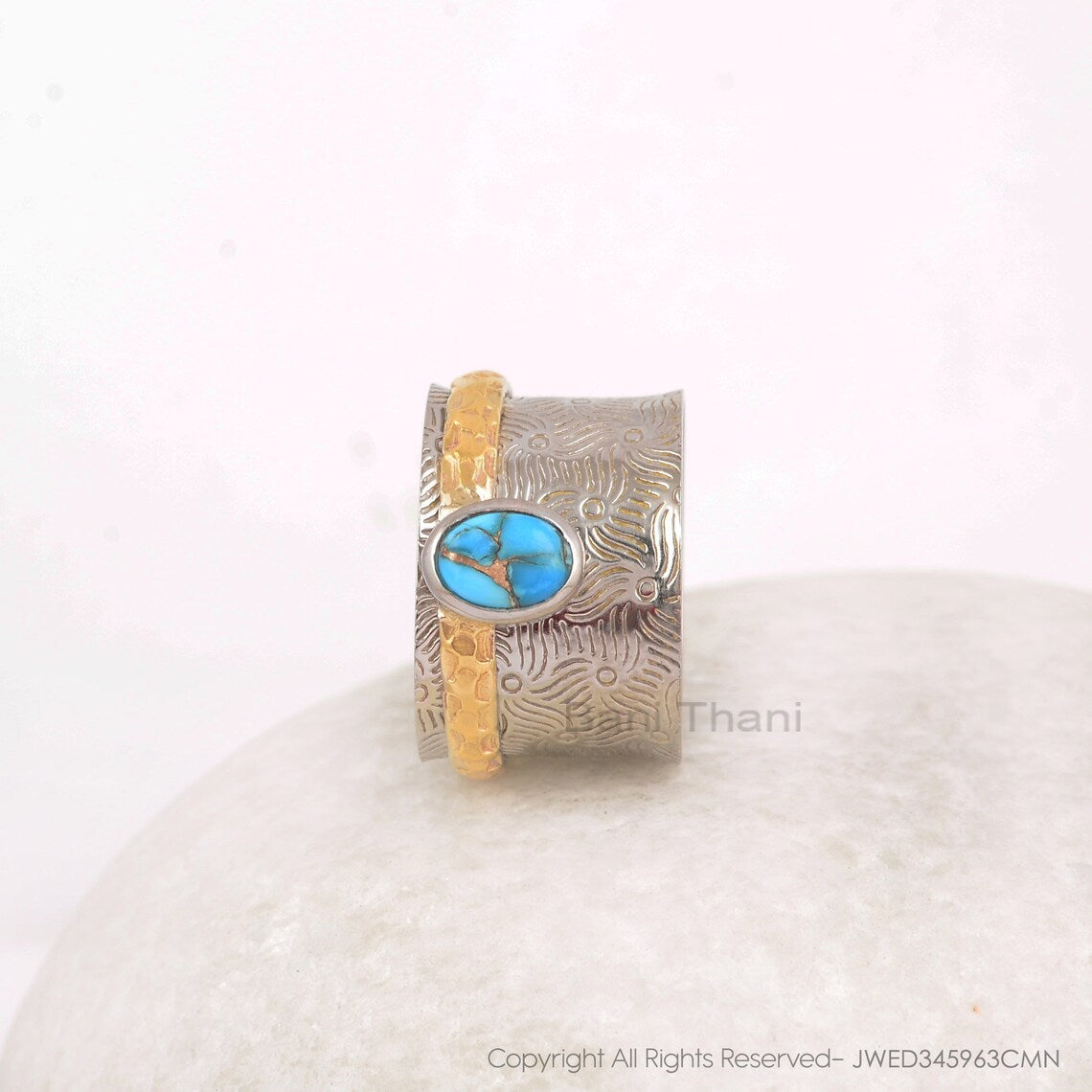 Boho Spinner Ring - Pure Silver - Anxiety Ring - 5x7mm Oval Copper Blue Turquoise - Fashion Jewelry - Gift For Old Women - Jewelry For Lady