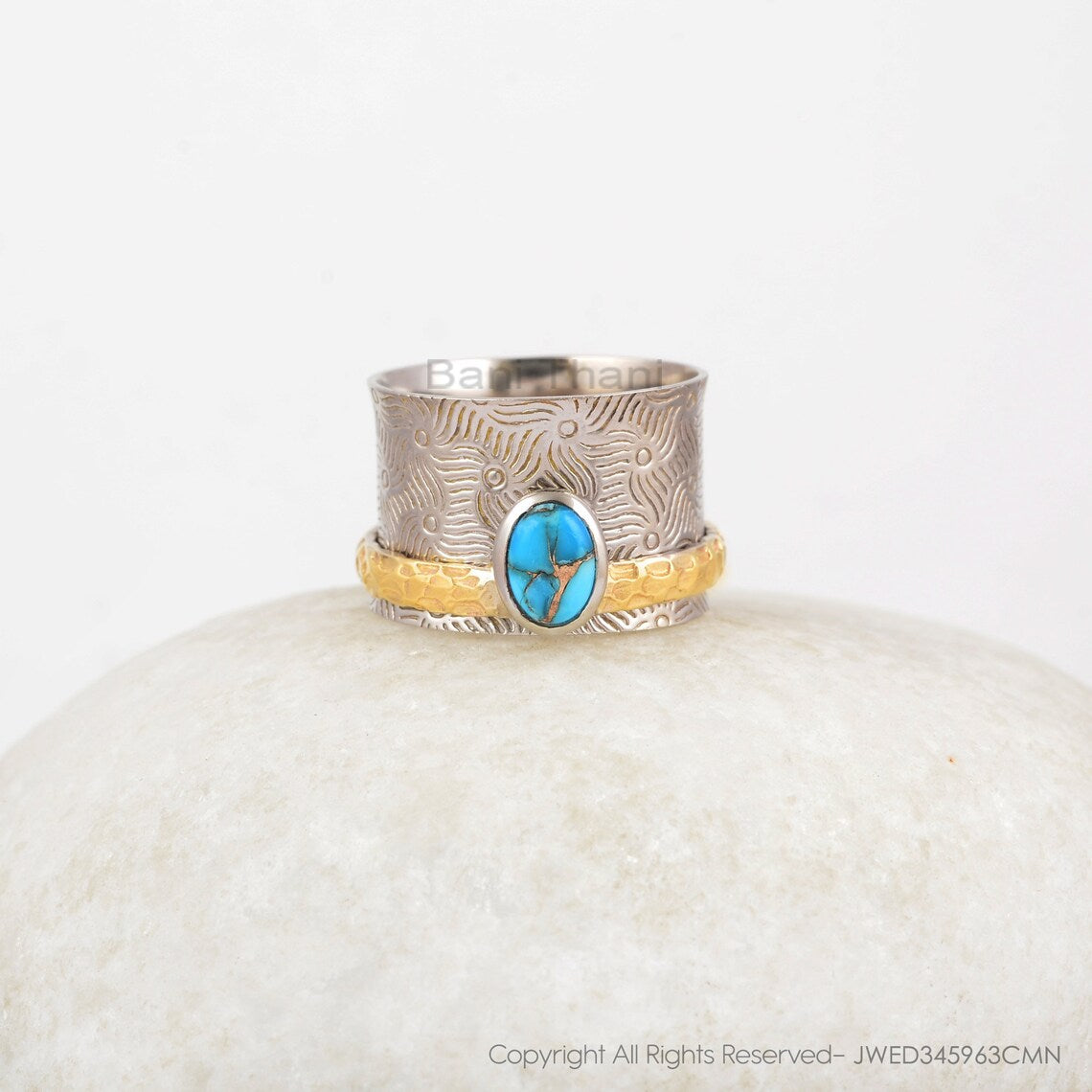 Boho Spinner Ring - Pure Silver - Anxiety Ring - 5x7mm Oval Copper Blue Turquoise - Fashion Jewelry - Gift For Old Women - Jewelry For Lady