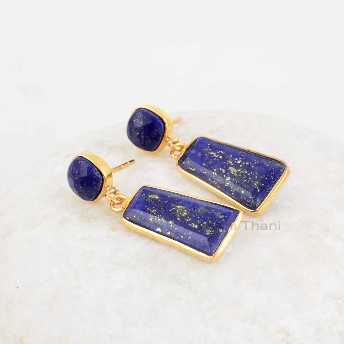 Lapis Lazuli Earrings, Lapis Lazuli Rectangle 10x20mm Cushion 7mm Gemstone, 925 Sterling Silver-Drop Earrings, 18k Gold Plated, Best for Her