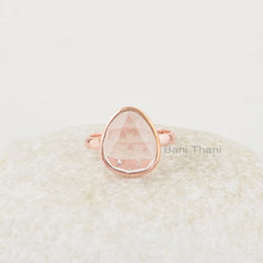 Morganite 12x14mm Nugget Shape Rose Gold Plated Gemstone Ring, Hand Crafted Silver Bezel Set Ring, Beautiful Gemstone Jewelry For Wife