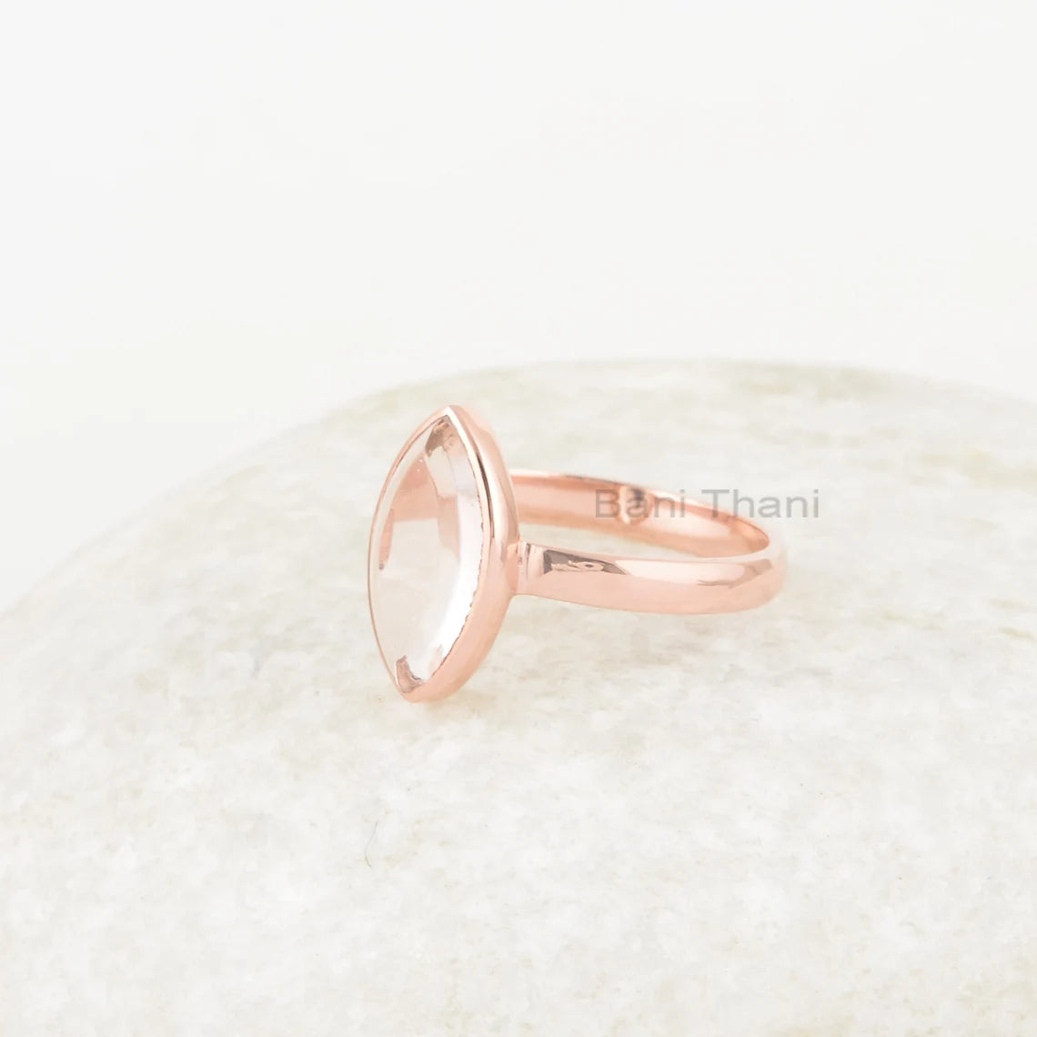 Marquise Ring, Morganite Quartz 7x14mm Gemstone Ring, 925 Sterling Silver Bezel Ring, Rose Gold Plated Ring For Women