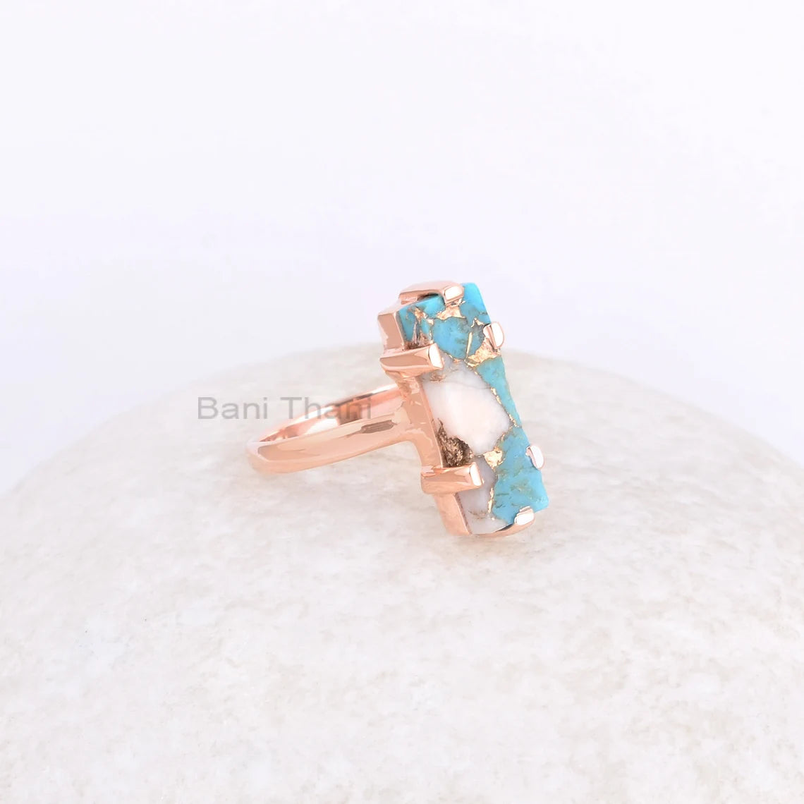 Rectangle Gemstone Ring, Pink Opal Copper Turquoise 6x18mm Rectangle Shape Ring, Rose Gold Plated Ring, Prong Setting Ring, 925 Silver Ring