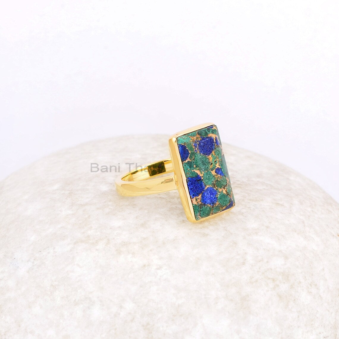 Copper Azurite Ring - 925 Silver - Handmade Ring - Azurite Copper 9x15mm Rectangle - Elegant Jewelry - Jewelry For The Brides - Gift For Her