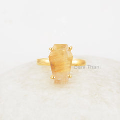 Coffin Gemstone Ring, Golden Rutile 9x15mm Coffin Shape Ring, 18k Gold Plated Prong Set Ring, 925 Silver Ring For Gift, Valentines Day Gift