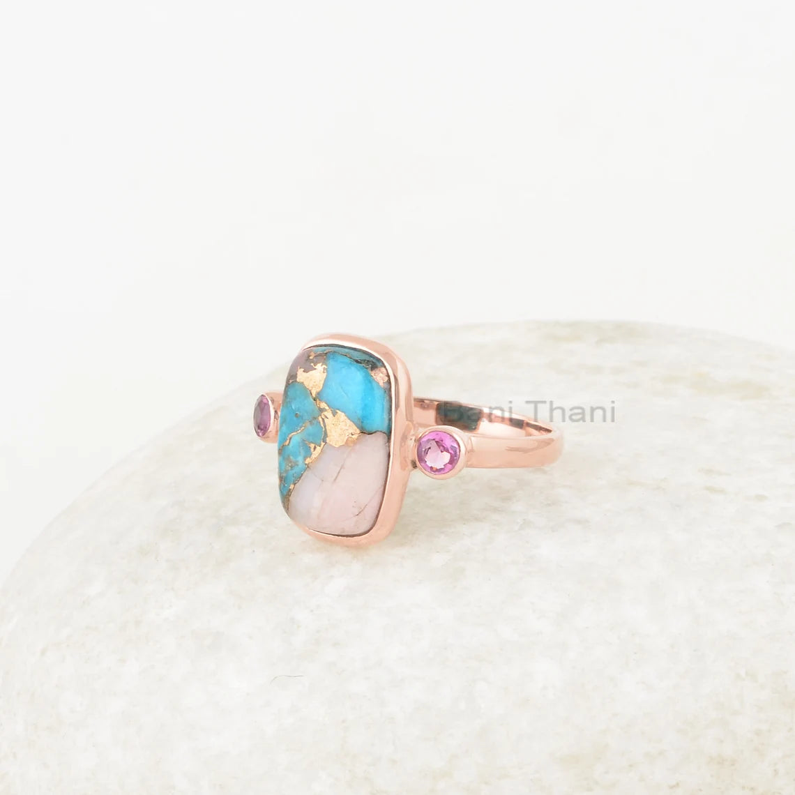 Gorgeous Silver Ring, Pink Opal Copper Turquoise & Tourmaline Gemstone Ring, Rose Gold Plated Ring, Silver Ring, Best Valentines day Gift