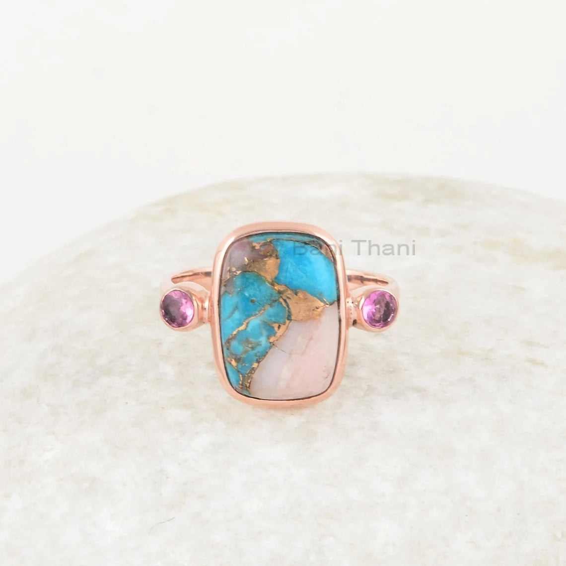 Gorgeous Silver Ring, Pink Opal Copper Turquoise & Tourmaline Gemstone Ring, Rose Gold Plated Ring, Silver Ring, Best Valentines day Gift