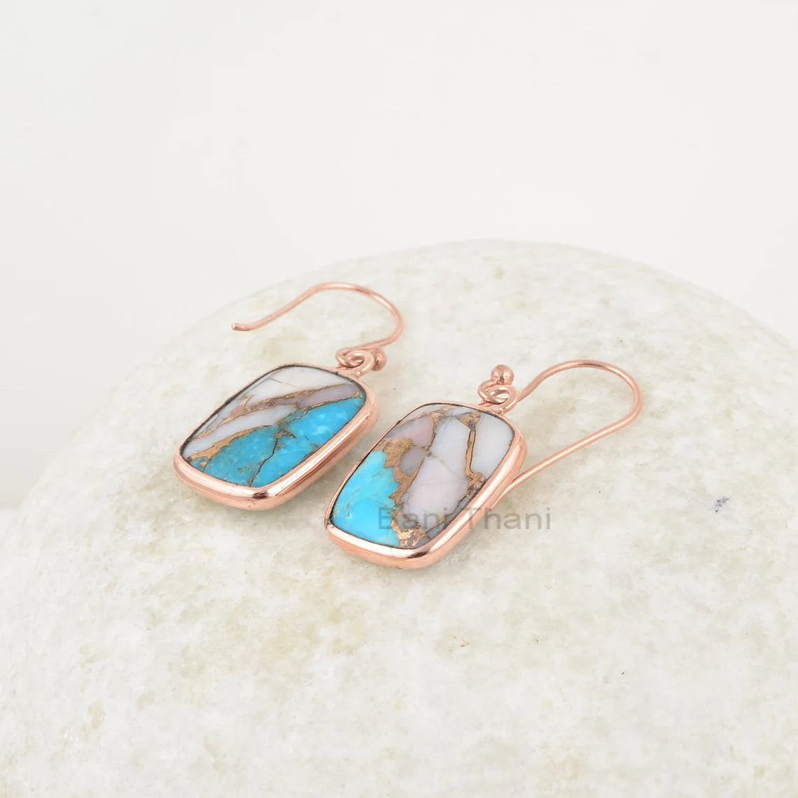 Copper Turquoise Earrings, Pink Opal Copper Turquoise 12x16mm Cushion Gemstone Earring, Rose Gold Plated Silver Earring, Drop Dangle Earring