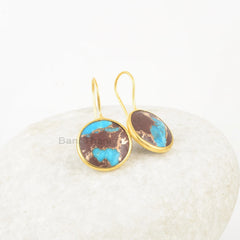 Lava Cooper Turquoise Gorgeous Handmade Earrings, Round 15mm Gemstone Silver Drop Earrings, 18k Gold Plated Earrings For Women