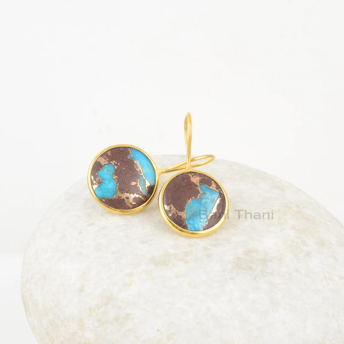 Lava Cooper Turquoise Gorgeous Handmade Earrings, Round 15mm Gemstone Silver Drop Earrings, 18k Gold Plated Earrings For Women