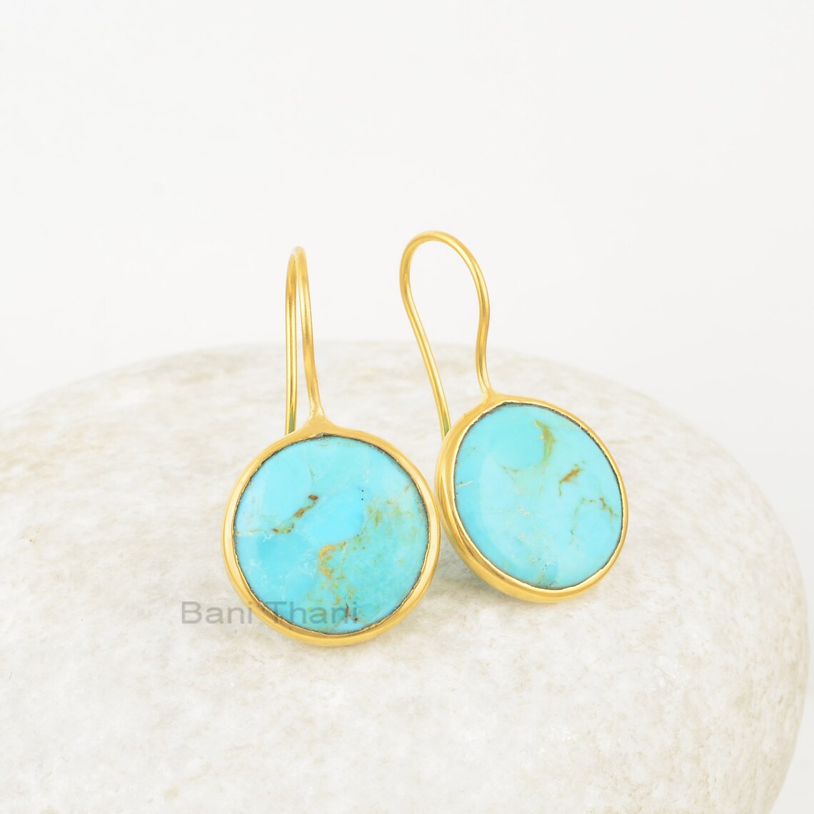 Beautiful Arizona Turquoise Drop Earrings, Arizona Turquoise 15mm Round Gemstone 925 Silver Earrings, 18k Gold Plated Earrings, Gift Earrings