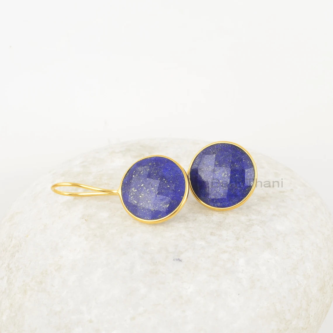 Lapis Lazuli Drop Earrings, 15mm Round Lapis Gemstone Silver Drop Earrings, Gold Plated Handmade Earrings, Women's Gift, Party Wear Earrings