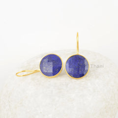 Lapis Lazuli Drop Earrings, 15mm Round Lapis Gemstone Silver Drop Earrings, Gold Plated Handmade Earrings, Women's Gift, Party Wear Earrings