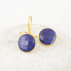 Lapis Lazuli Drop Earrings, 15mm Round Lapis Gemstone Silver Drop Earrings, Gold Plated Handmade Earrings, Women's Gift, Party Wear Earrings