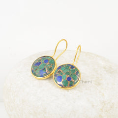 Copper Azurite Gemstone Earring, Azurite 15mm Round Drop Earrings, 925 Sterling Silver Gold Plated Earring, Hook Earrings