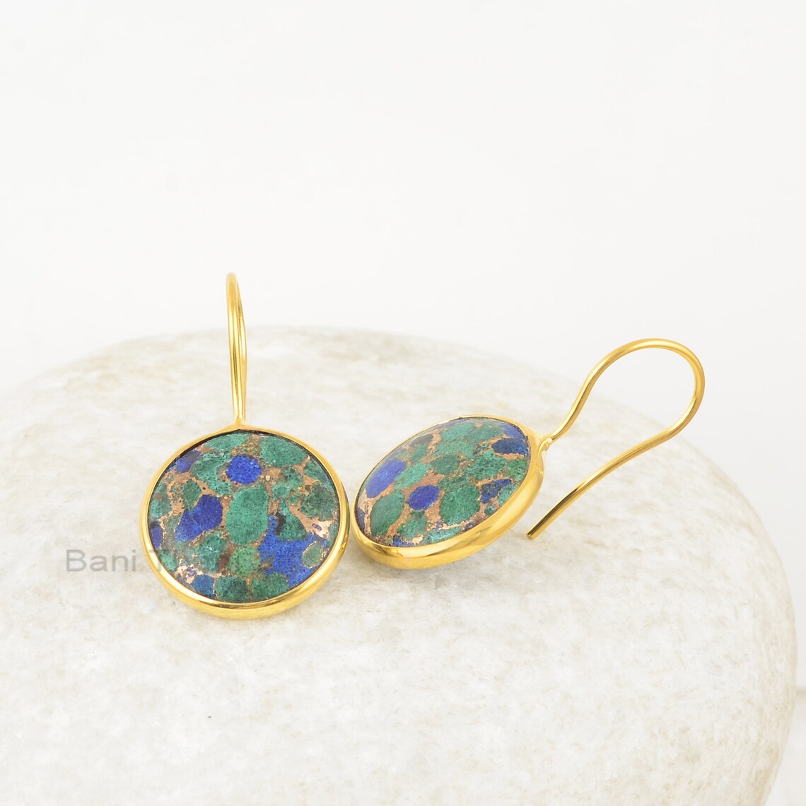 Copper Azurite Gemstone Earring, Azurite 15mm Round Drop Earrings, 925 Sterling Silver Gold Plated Earring, Hook Earrings