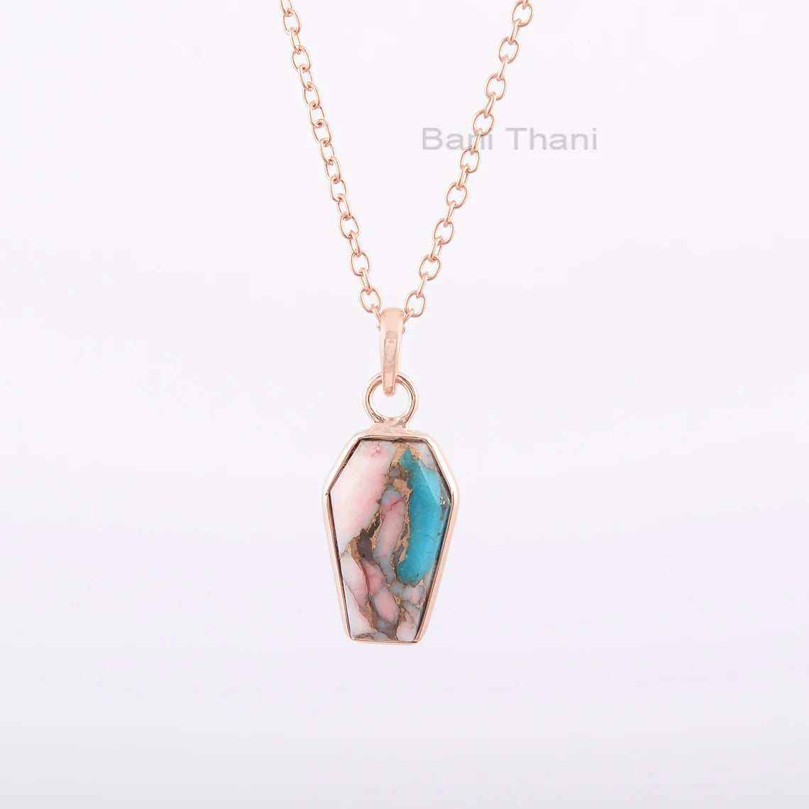 Pink Opal Copper Turquoise Necklace - Handcrafted Necklace - 10x17mm Coffin - 925 Silver - Artisan Jewelry - Jewelry For Teen - Gift For Her