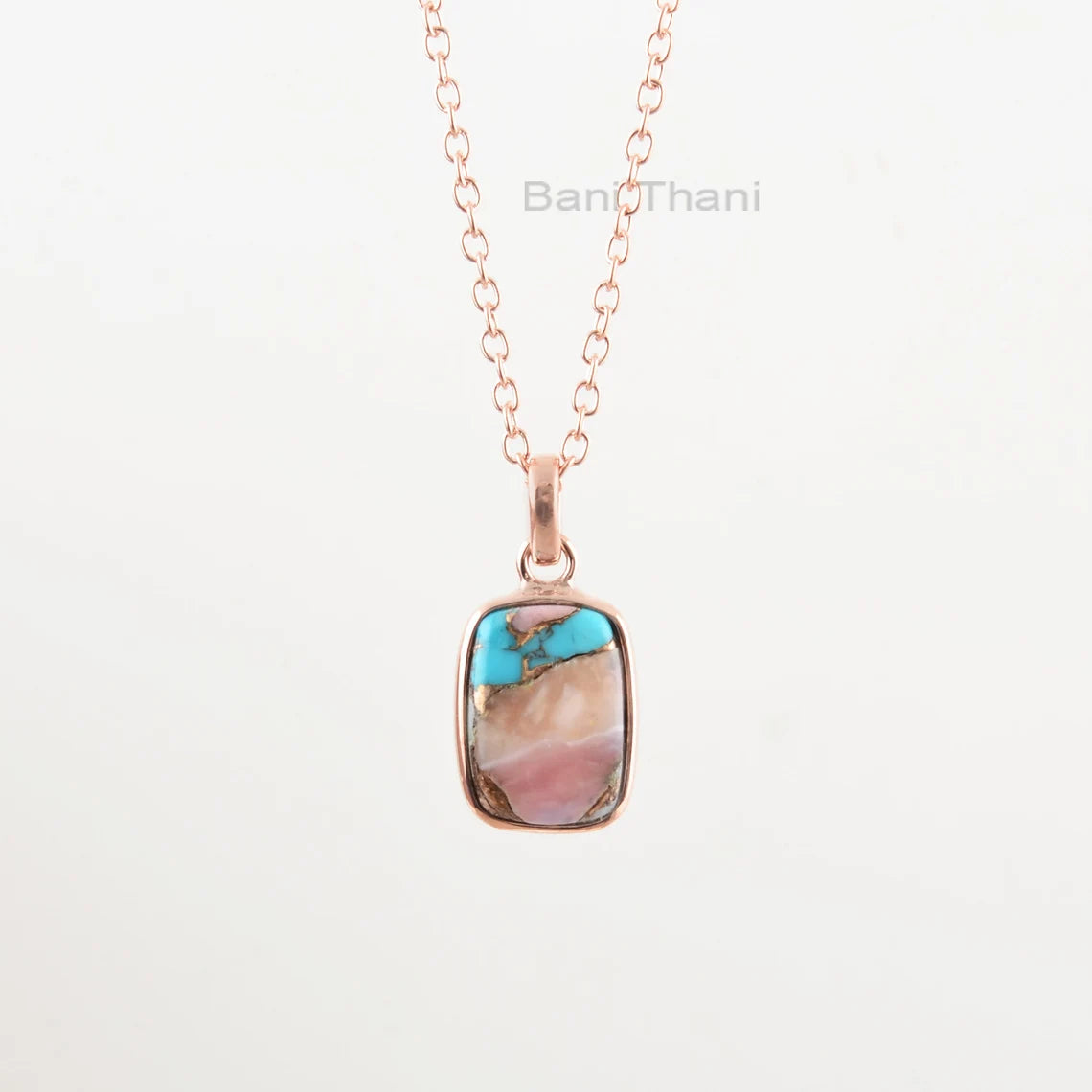 Pink Opal Turquoise Necklace - 925 Sterling Silver - Rose Gold Plated Pendant - 10x14mm Cushion - Gift For Birthday - Jewelry For Bride