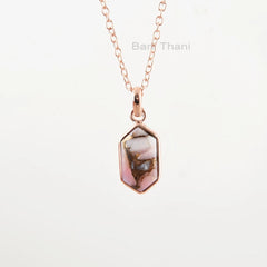 Pink Opal Copper Necklace - Sterling Silver - 8x15mm Hexagon - Rose Gold Plated Necklace - Trendy Jewelry - Gift For Prom - Jewelry For Lady