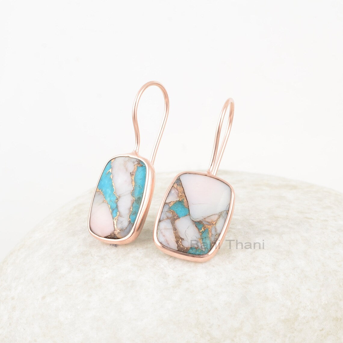 Pink Opal Earrings, Pink Opal Copper Turquoise 12x16mm Cushion Gemstone Silver Drop Earrings, Rose Gold Plated Handmade Earrings For Women