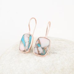 Pink Opal Earrings, Pink Opal Copper Turquoise 12x16mm Cushion Gemstone Silver Drop Earrings, Rose Gold Plated Handmade Earrings For Women