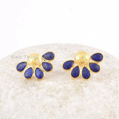 Beautiful Lapis Stud Post Earrings, Lapis Lazuli 4x6mm Pear Gemstone 925 Silver Earrings, 18k Gold Plated Handmade Earrings, Gift Earrings