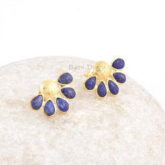 Beautiful Lapis Stud Post Earrings, Lapis Lazuli 4x6mm Pear Gemstone 925 Silver Earrings, 18k Gold Plated Handmade Earrings, Gift Earrings