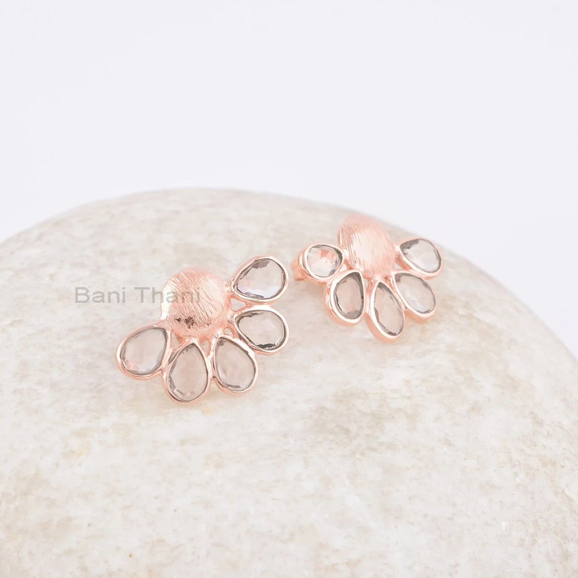 Glisten Morganite Stud Earrings, 4x6mm Pear Morganite Gemstone 925 Silver Earrings, Rose Gold Plated Post Earrings