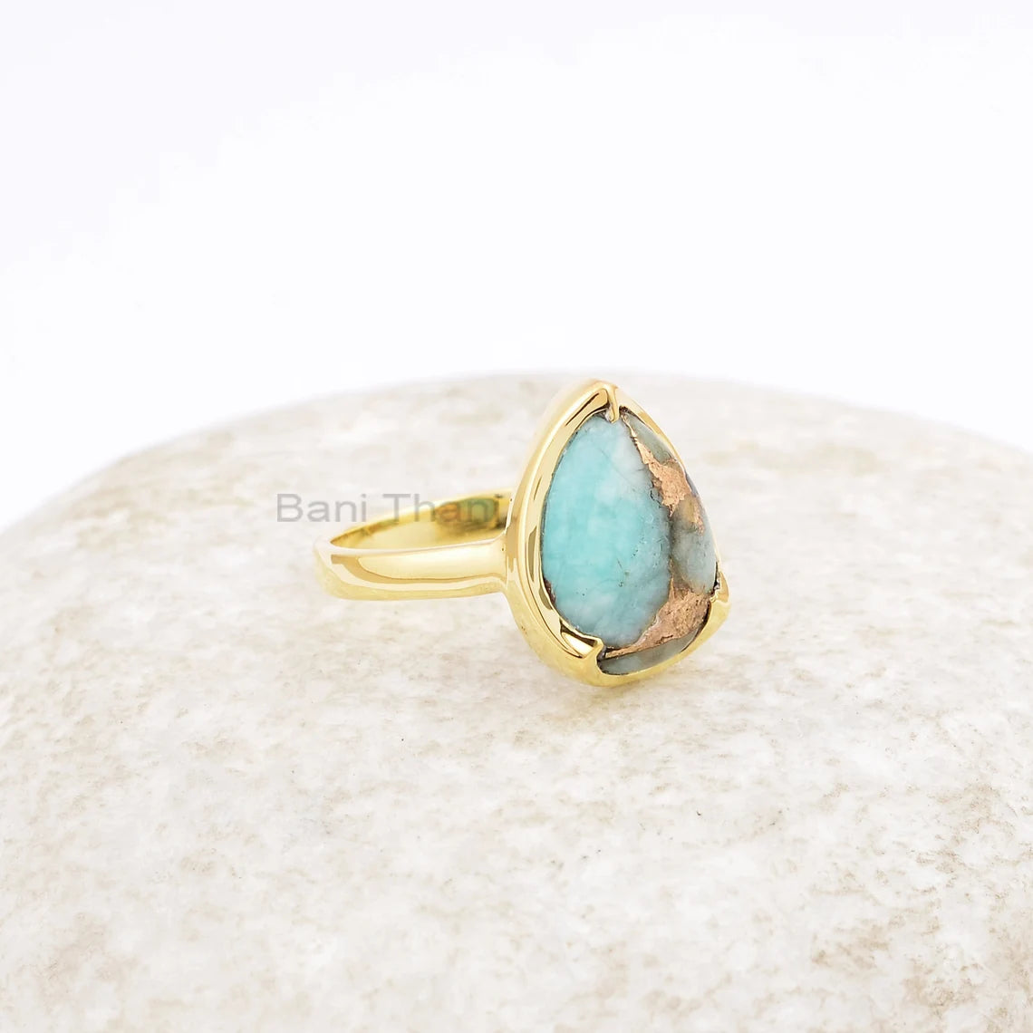 Copper Amazonite 10x14mm Pear Shape Gemstone Ring, 925 Sterling Silver Ring, 18k Gold Plated Handmade Ring, Valentine's Day Gift Ring