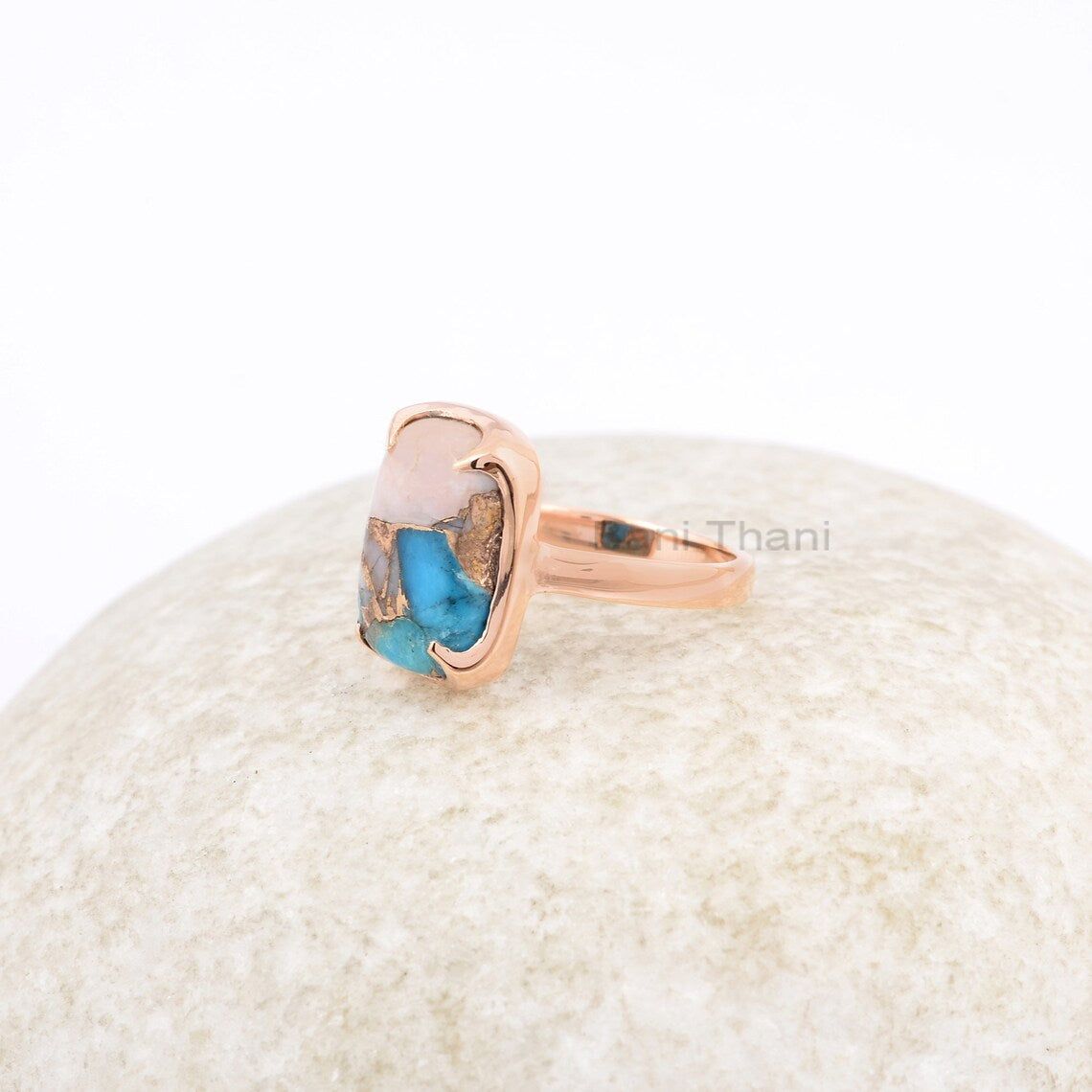 Cushion Turquoise Ring, Pink Opal Copper Turquoise 10x14mm Cushion Gemstone Ring, Turquoise Rose Gold Plated 925 Silver Rings