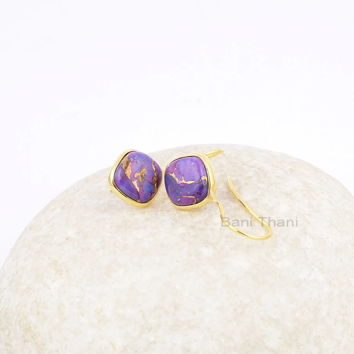 Purple Turquoise Drop Earrings, Purple Copper Turquoise 10mm Cushion Gemstone Drop Earrings, 18k Gold Plated 925 Silver Earrings For Women