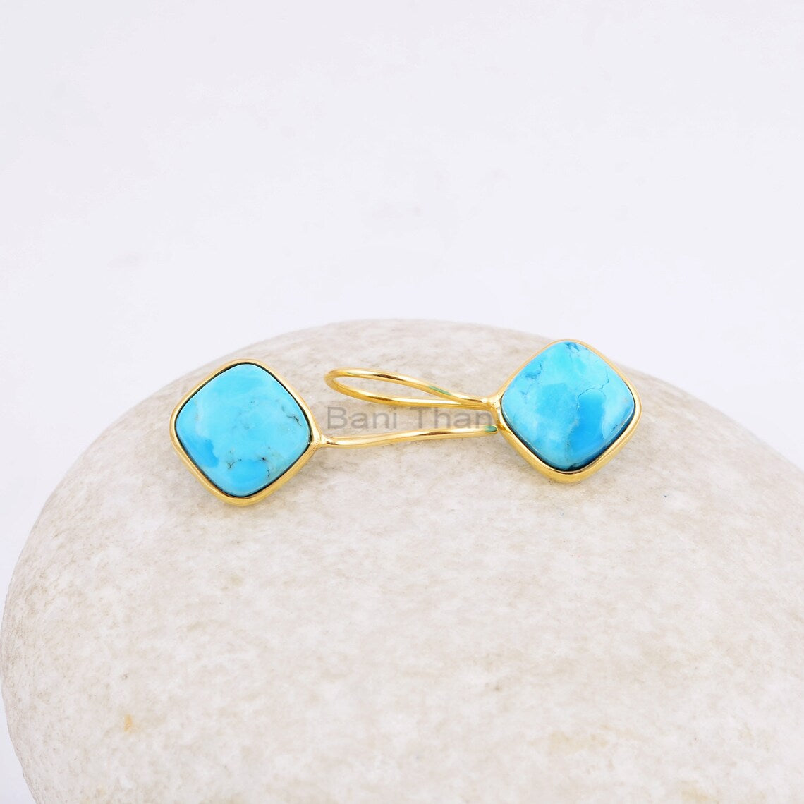 Arizona Turquoise Drop Earrings, Arizona Turquoise 10mm Cushion Gemstone Earrings, 18k Gold Plated 925 Silver Earrings, Women's Gift Earring