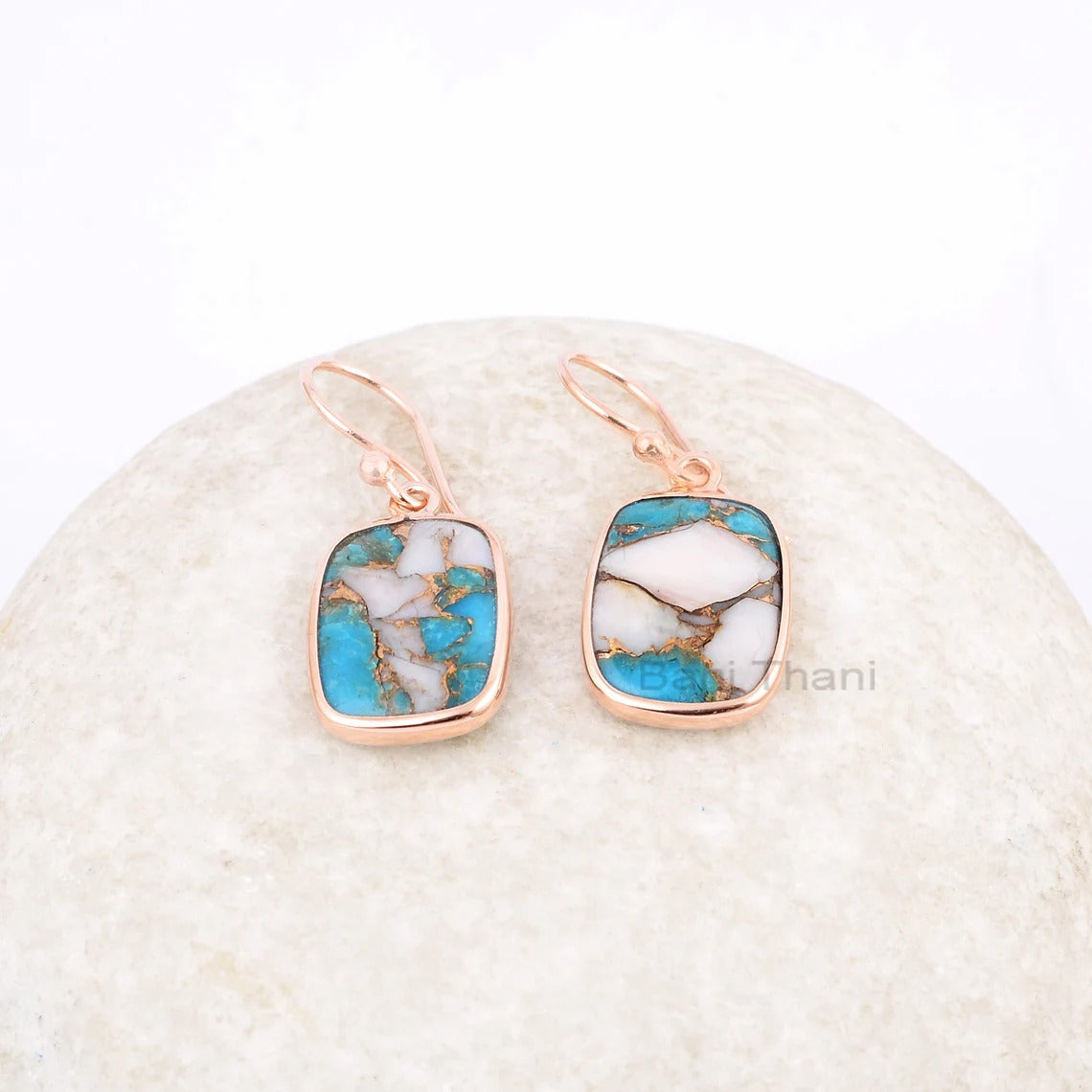 Opal Earrings, Pink Opal Copper Turquoise 12x16mm Cushion Gemstone Drop Earrings, Rose Gold Plated 925 Silver Earrings