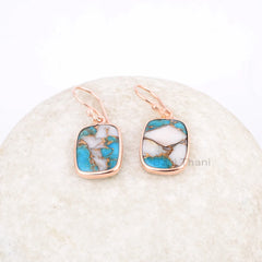 Opal Earrings, Pink Opal Copper Turquoise 12x16mm Cushion Gemstone Drop Earrings, Rose Gold Plated 925 Silver Earrings