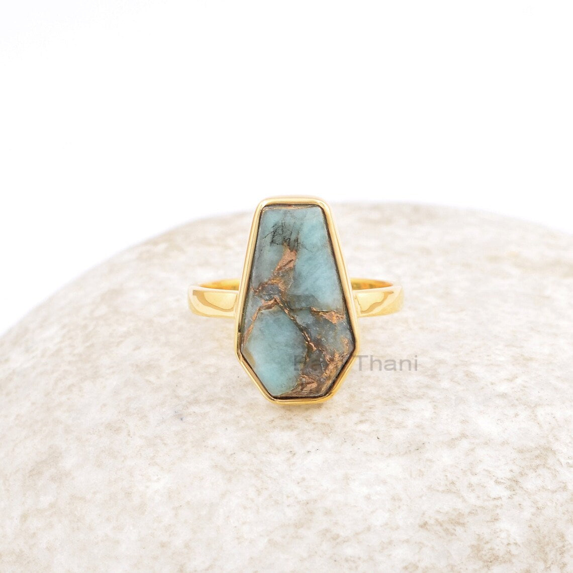 Coffin Ring, Copper Amazonite 10x17 mm Coffin Shape Gemstone 925 Silver Ring, Bezel Ring, 18k Gold Plated Handmade Ring, Women's Gift Ring