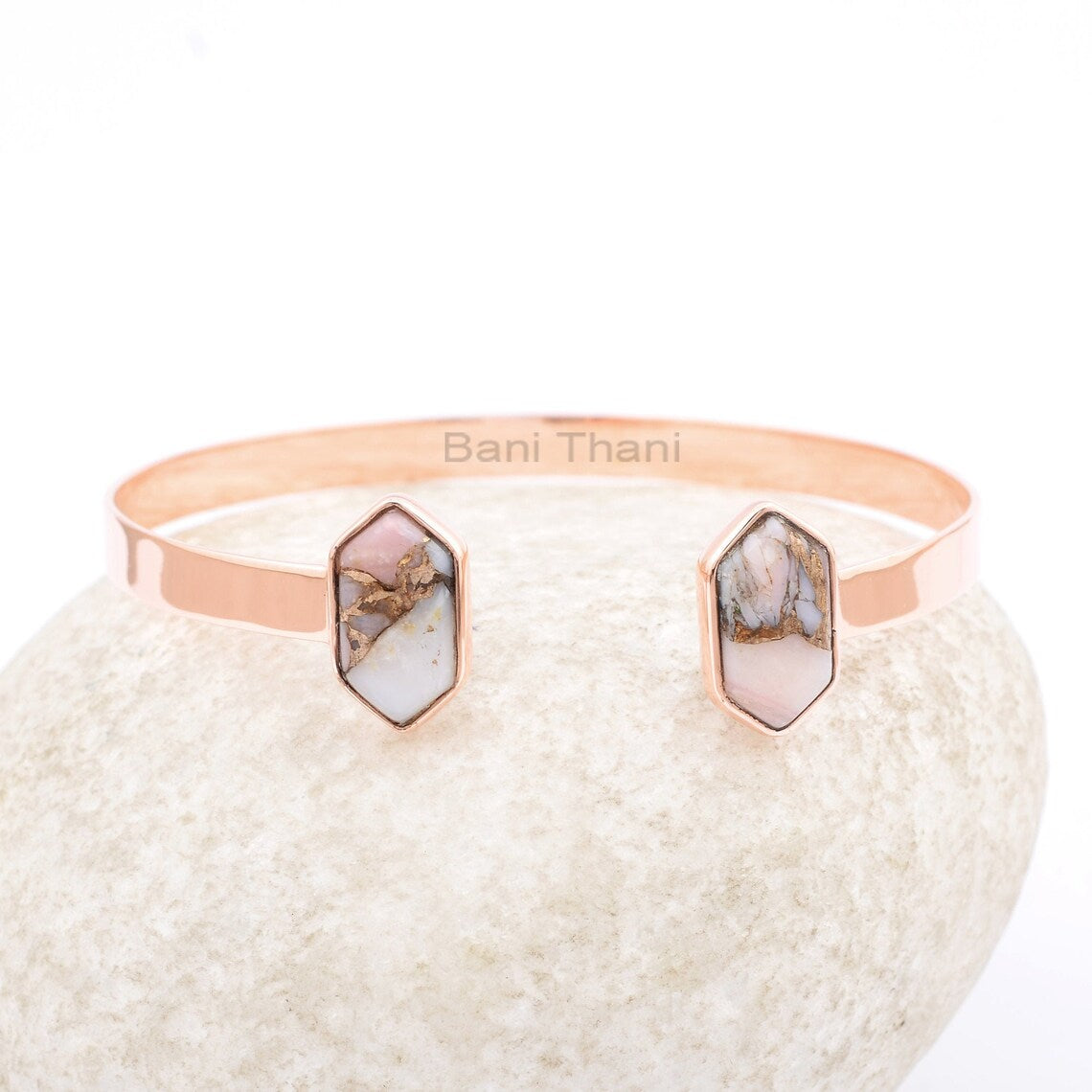 Pink Opal Copper Cuff Bracelet - Handcrafted Bracelet - Pure 925 Silver - 8x15mm Hexagon - Manmade Jewelry - Gift For Wedding