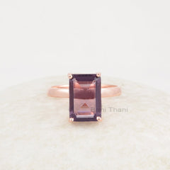 Amethyst Quartz Ring, Amethyst Quartz 8x12mm Rectangle Shape Gemstone, Rose Gold Plated Prong Set Ring, 925 Sterling Silver Ring For Gift