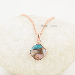 925 Silver Pink Opal Copper Turquoise 12mm Cushion Gemstone Necklace Pink Opal Turquosie Handmade Necklace, Rose Gold Necklace For Women's