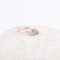 Pink Opal Copper Ring - Pure Silver - Handcrafted Ring - 5x10mm Half Moon Gemstone - Indian Jewelry - Jewelry for Protection - Gift for Wife