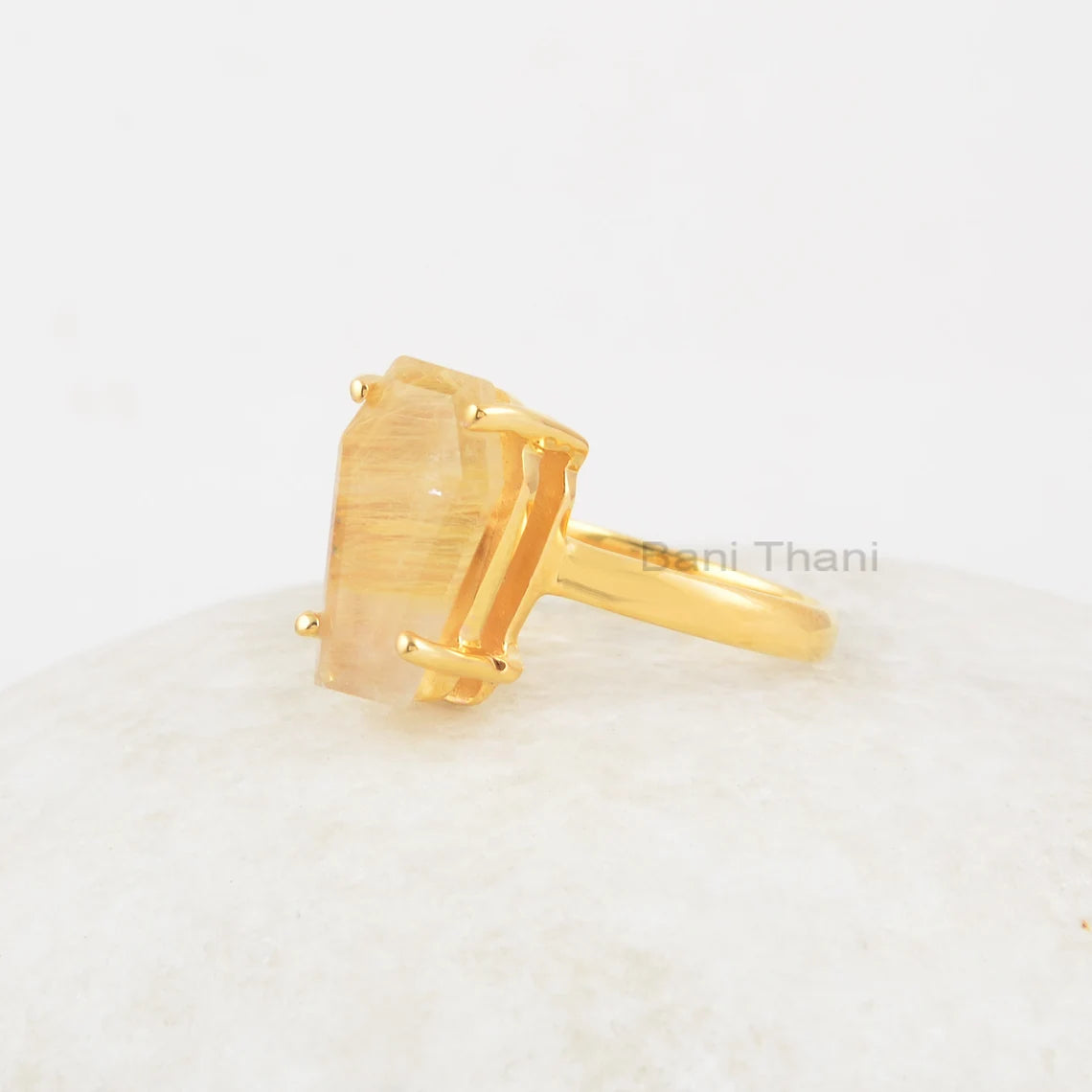 Coffin Gemstone Ring, Golden Rutile 9x15mm Coffin Shape Ring, 18k Gold Plated Prong Set Ring, 925 Silver Ring For Gift, Valentines Day Gift