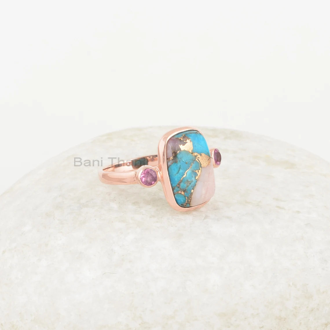 Gorgeous Silver Ring, Pink Opal Copper Turquoise & Tourmaline Gemstone Ring, Rose Gold Plated Ring, Silver Ring, Best Valentines day Gift