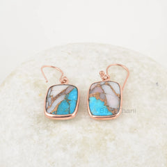 Copper Turquoise Earrings, Pink Opal Copper Turquoise 12x16mm Cushion Gemstone Earring, Rose Gold Plated Silver Earring, Drop Dangle Earring